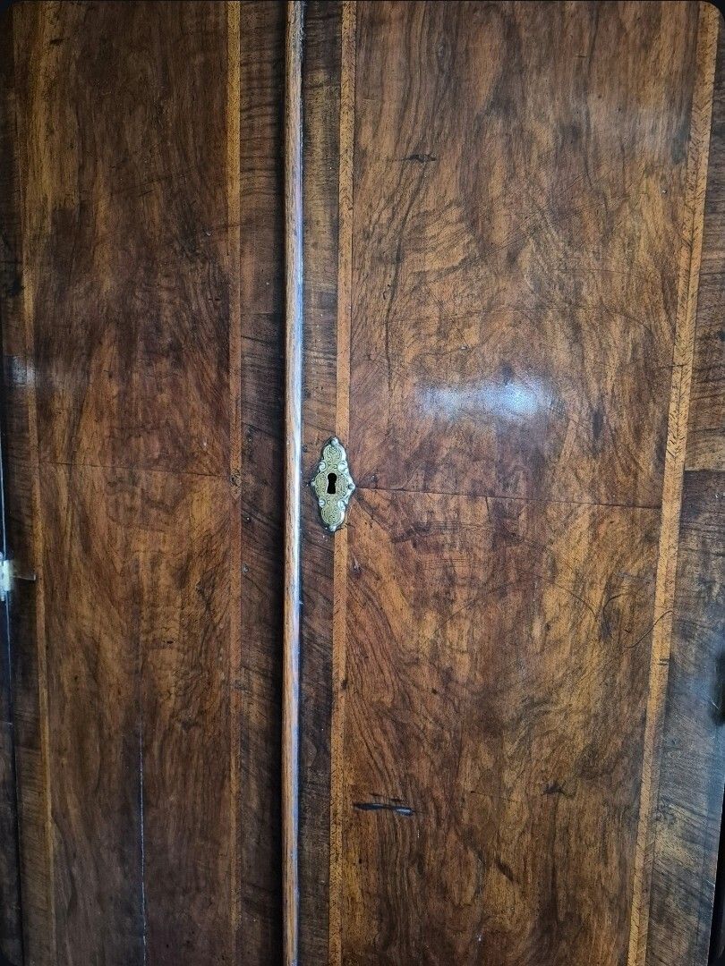 photo for sale Wonderful  Unique 18th Century Arched Figured Walnut Herringbone Banding Corner Cupboard