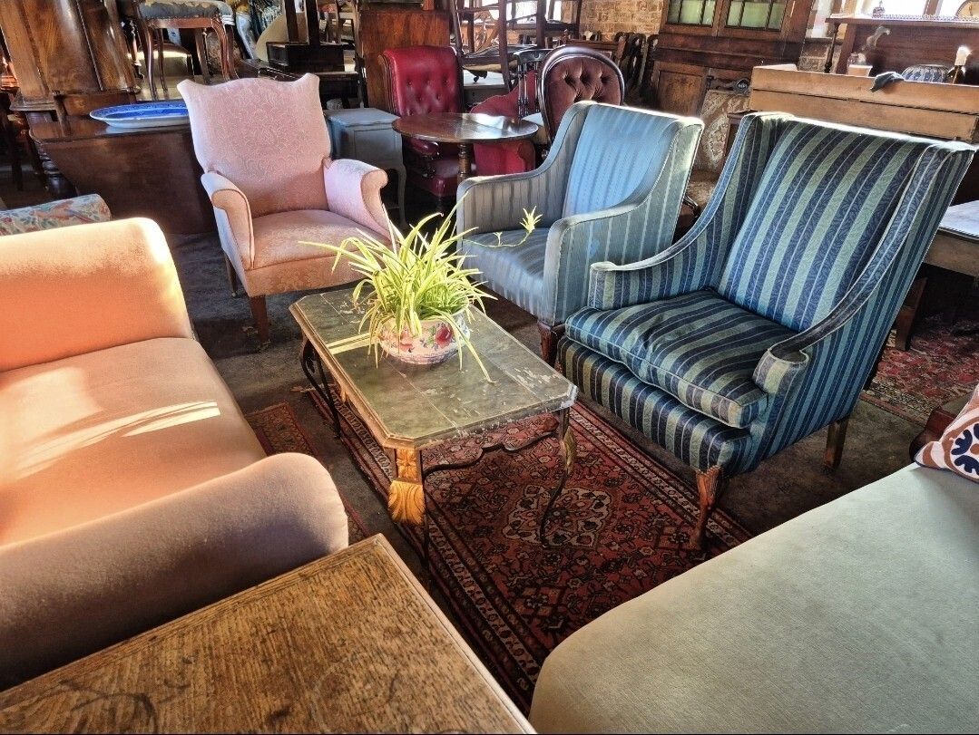photo vinterior Super Pair Of Shell Leg Blue Vintage Antique Stripey Silky Edwardian Armchairs
