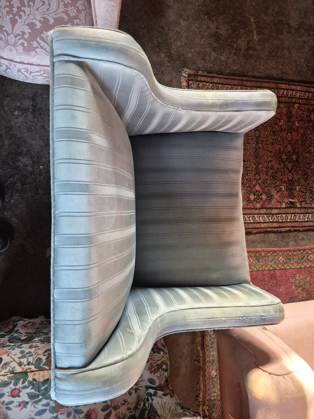 photo buy Super Pair Of Shell Leg Blue Vintage Antique Stripey Silky Edwardian Armchairs