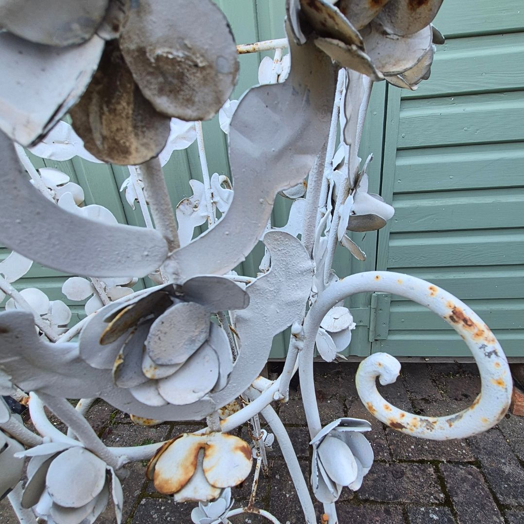 Vintage French White Metal Floral Garden Planter With Rose Detail photo for sale