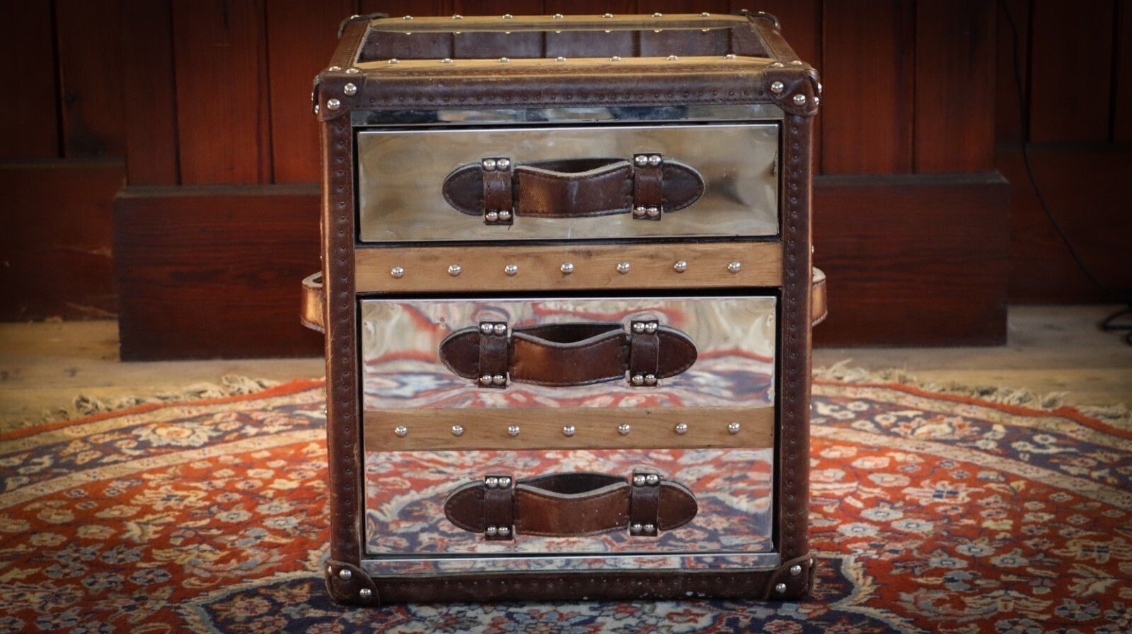 Stunning Timothy Oulton Stoneyhurst Sidetable Bedside Leather Shiny Steel photo for sale