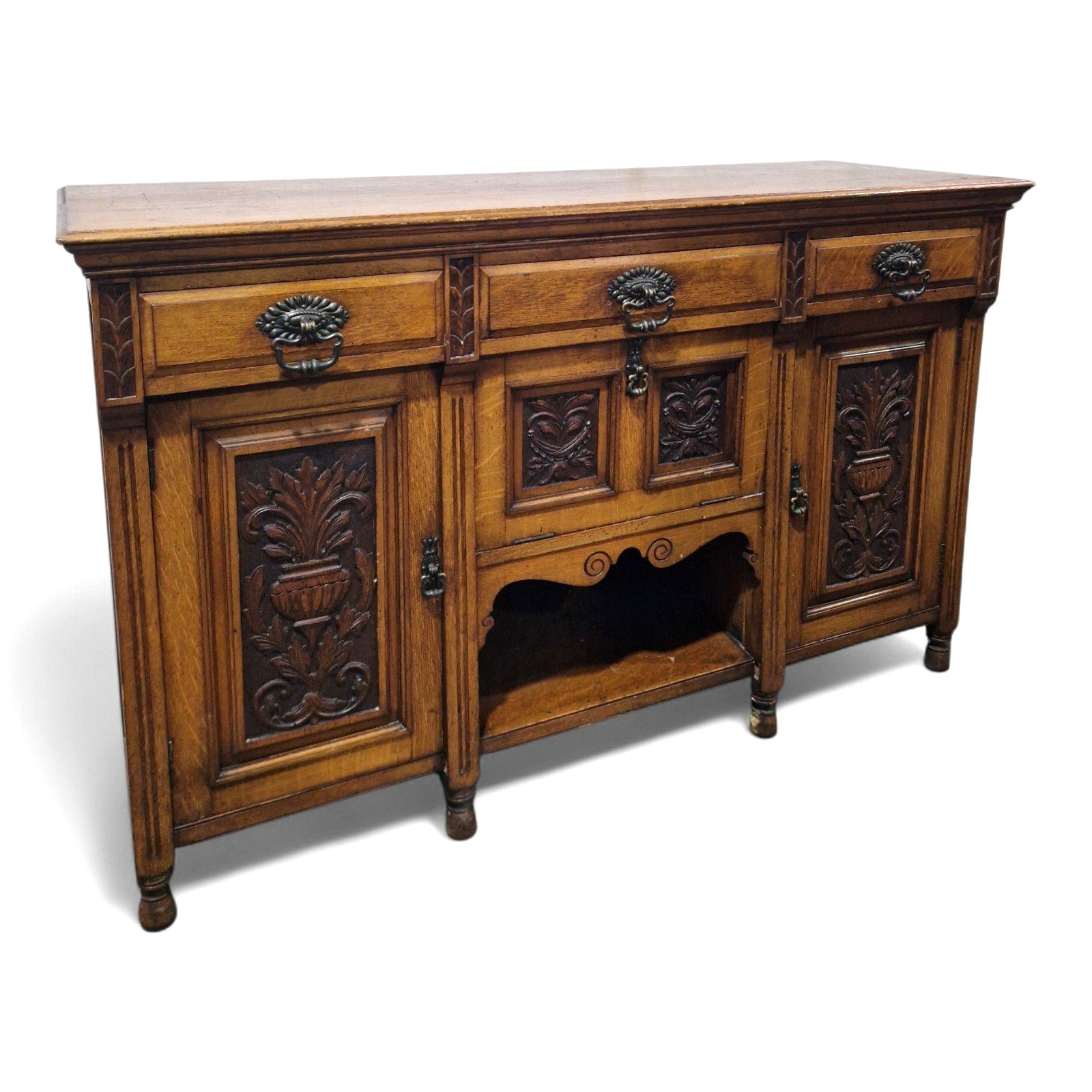 Victorian Oak Sideboard Carved Cabinet 3 Door 3 Drawer Ornate Side Cupboard