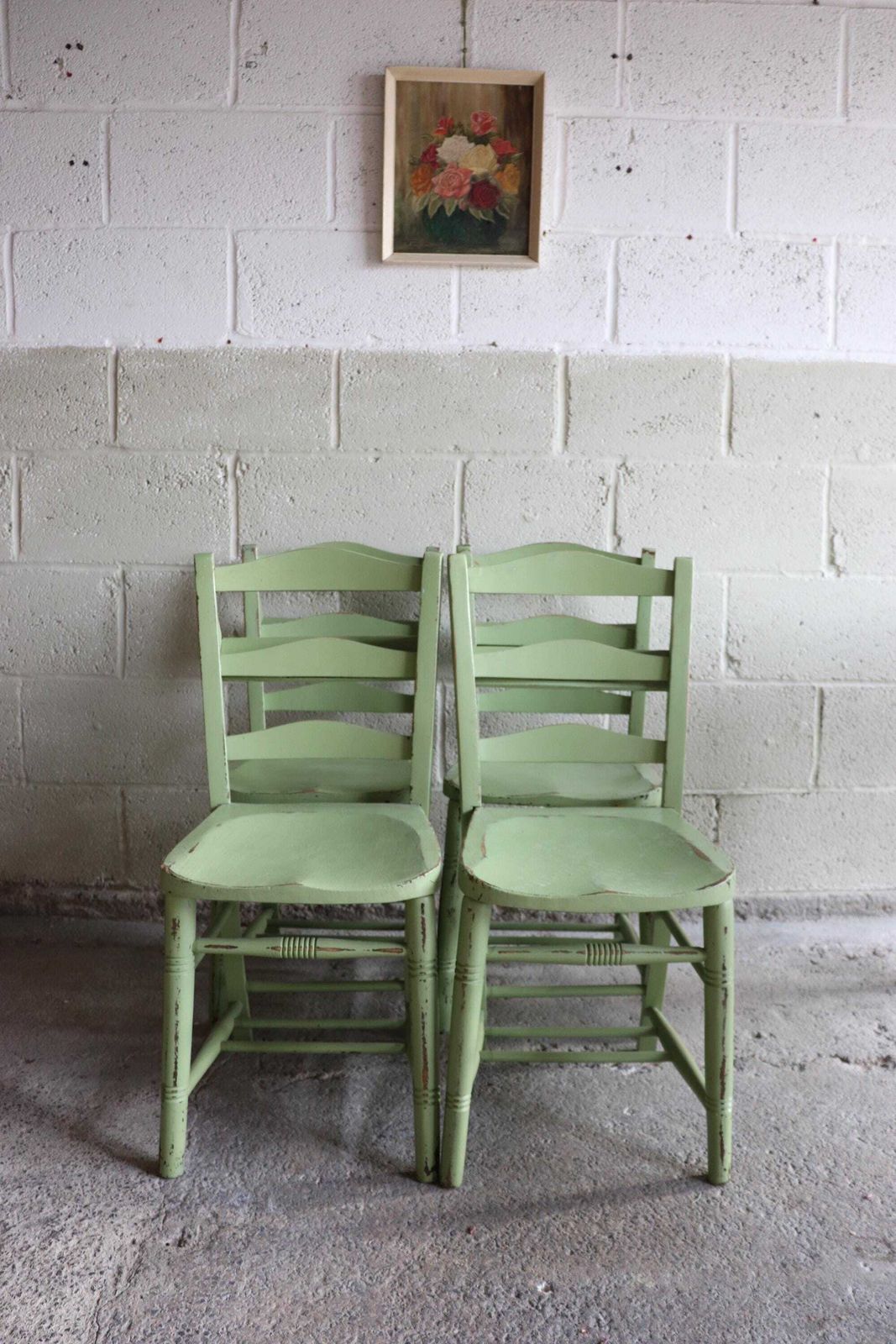 Set Of Four Yeabridge Green Painted English Chapel Chairs With Hymn Book Holders