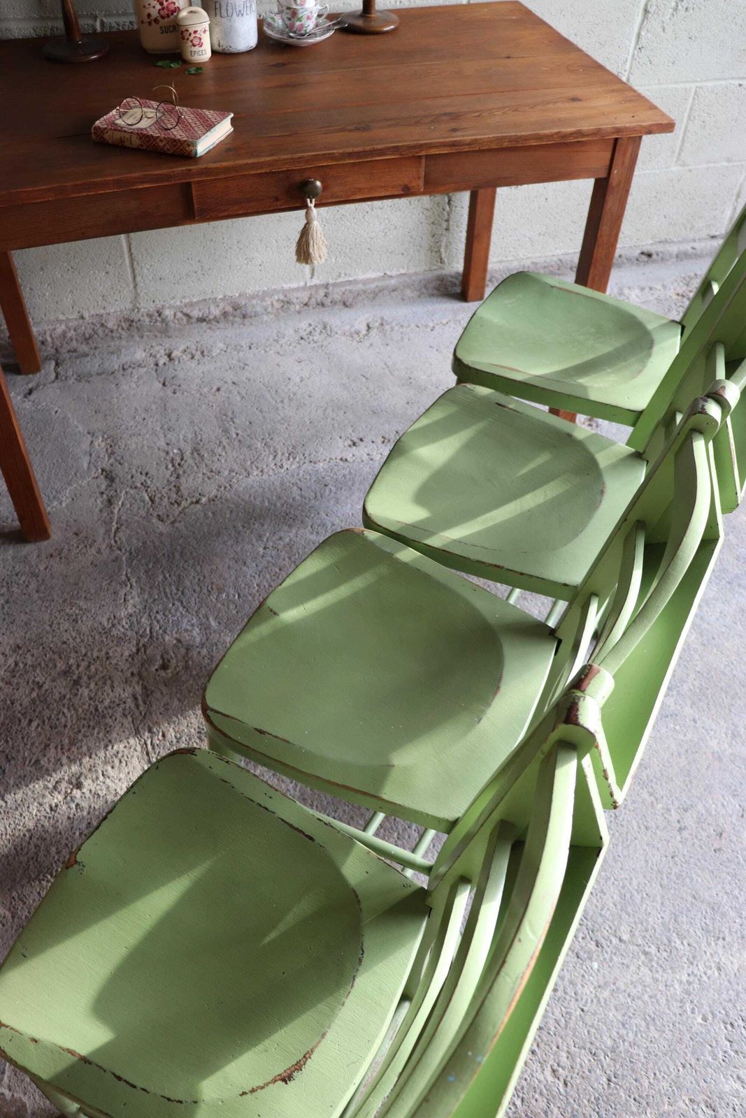Set Of Four Yeabridge Green Painted English Chapel Chairs With Hymn Book Holders photo vintage
