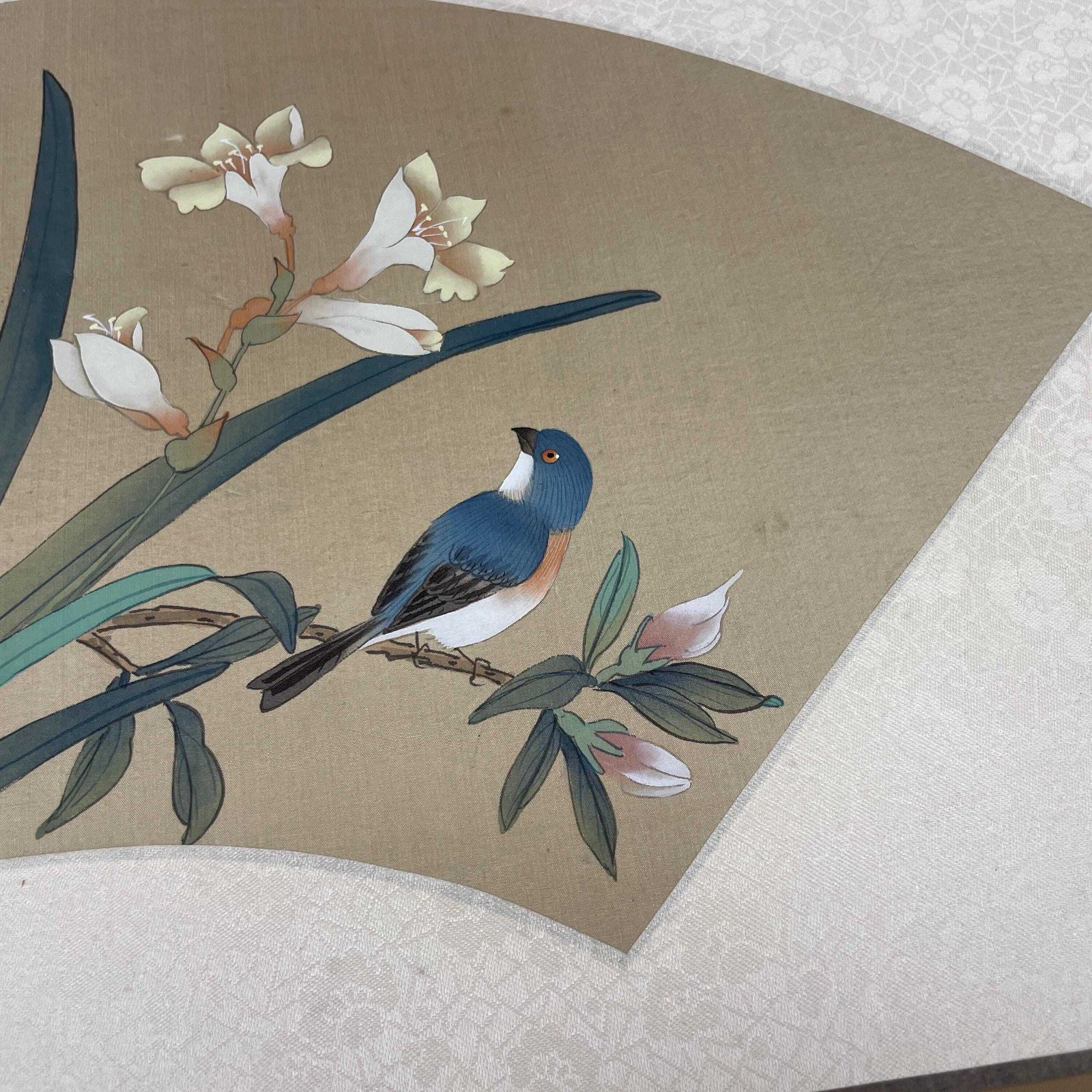 Oriental Silk Fan Art Pair Floral Bird Hand Painted Botanical Pictures Unframed Asian Blossom Set Of 2 Paintings photo for sale