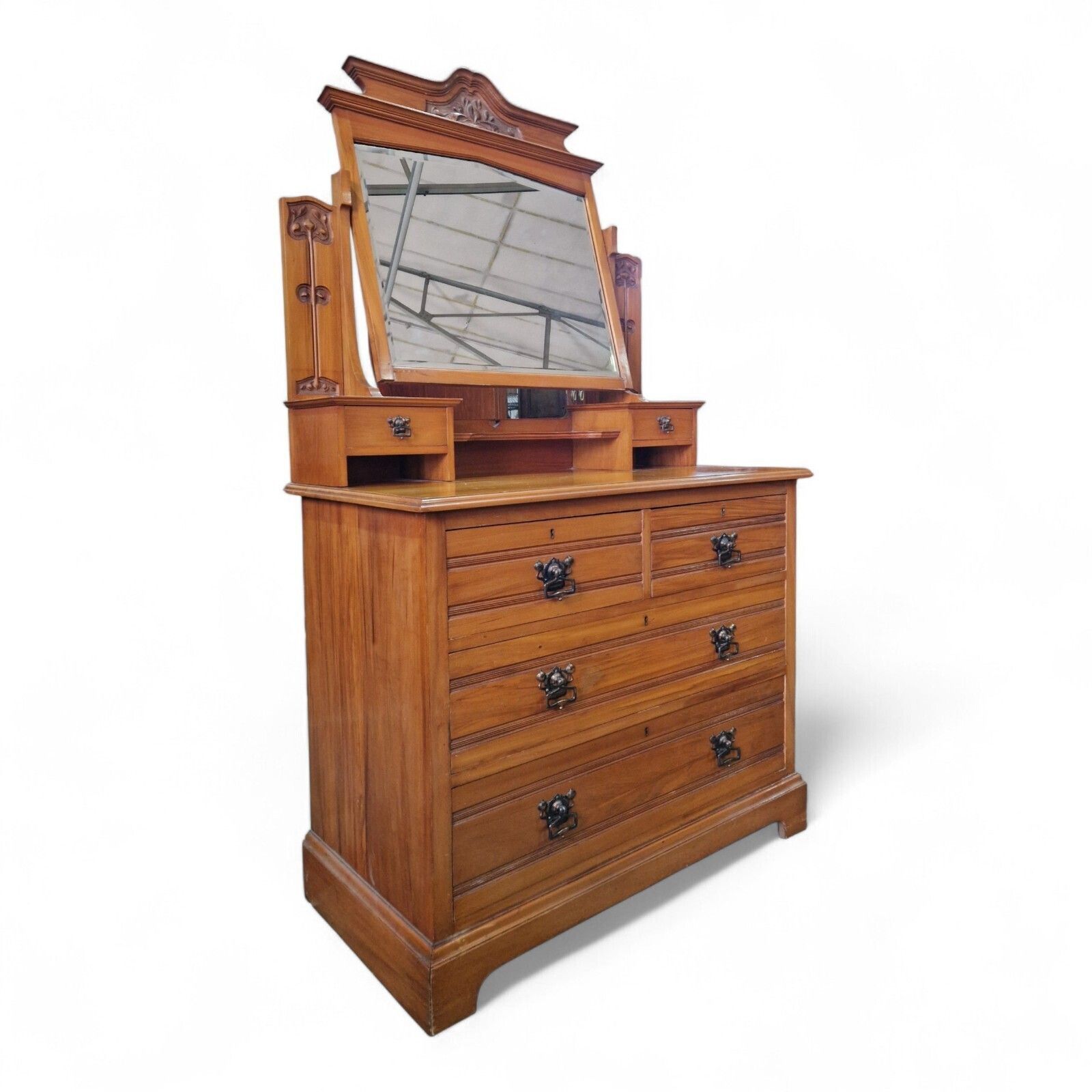 Victorian Art Nouveau Satinwood Dressing Chest Mirror Vanity Of 6 Drawers