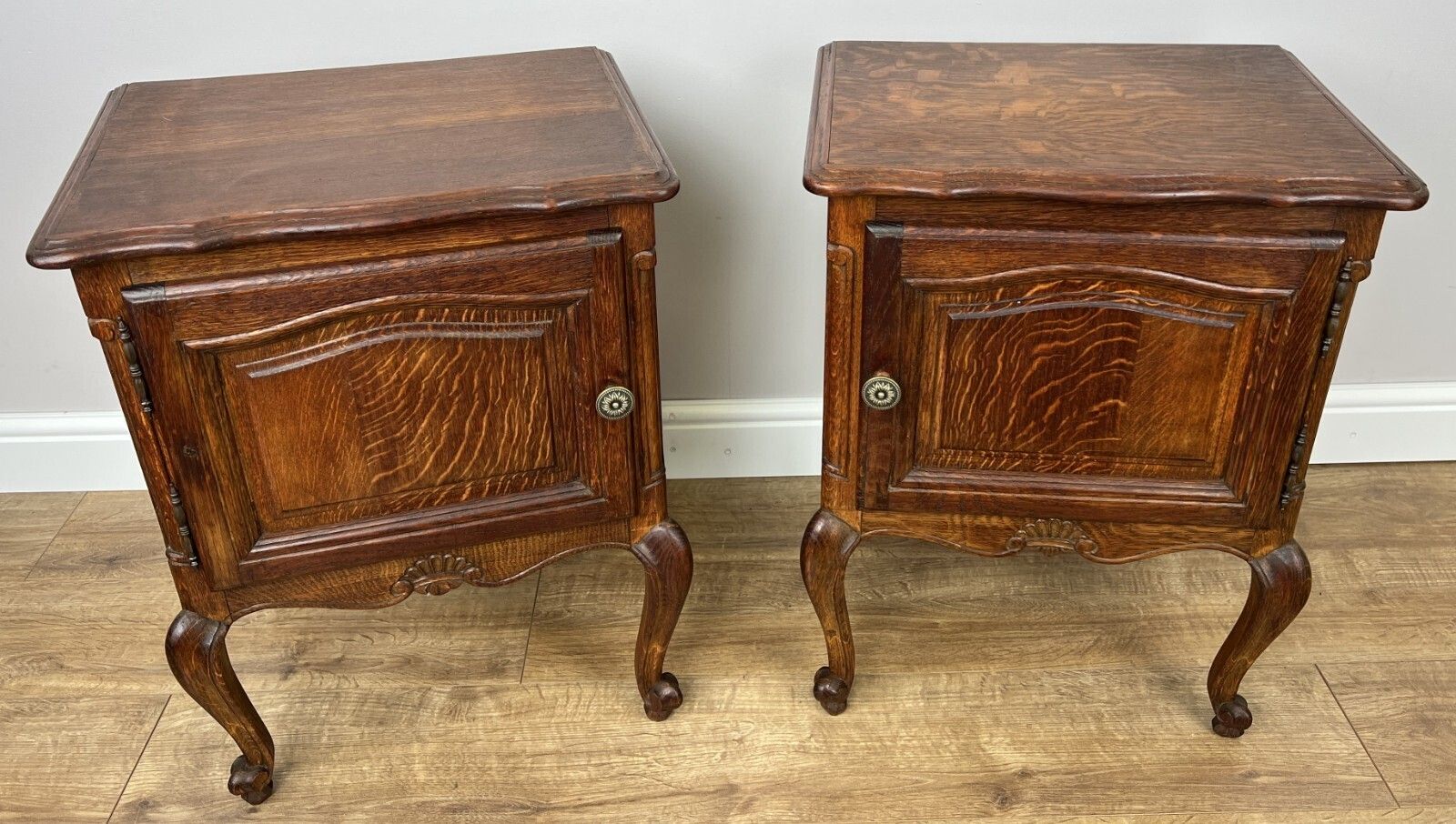 Pair Of Bedside Tables Vintage French Louis Oak Nightstands Cabinets