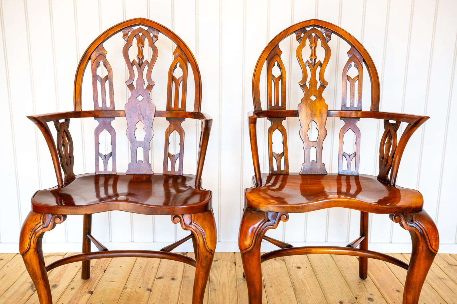 photo furniture Pair Of Gothic Windsor Armchairs Steeple Back Strawberry Hill Thames Valley Gothi.C Revival Carved Theodore Alexander Fine Country House