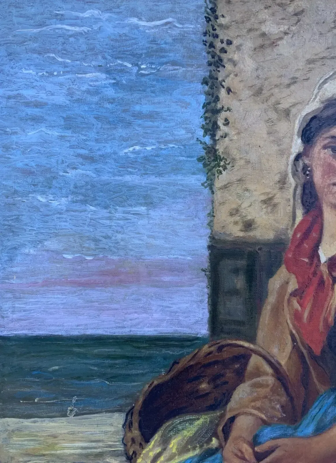 Original Antique Portrait Oil Painting Of A Dutch Fisher Girl 19th Century photo vintage