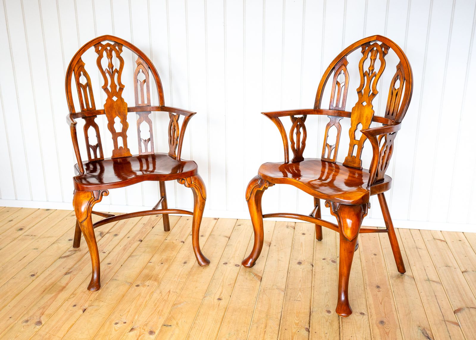 Pair Of Gothic Windsor Armchairs Steeple Back Strawberry Hill Thames Valley Gothi.C Revival Carved Theodore Alexander Fine Country House photo for sale