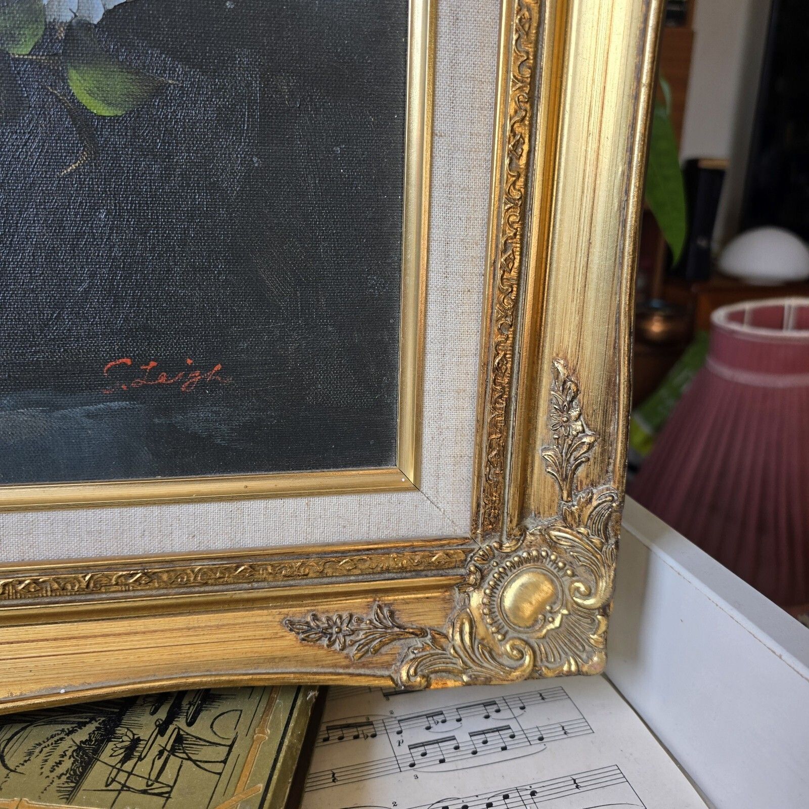 photo buy Vintage Oil Painting Flowers In Vase Still Life Framed Golden Gilt 54 X 63 Cm