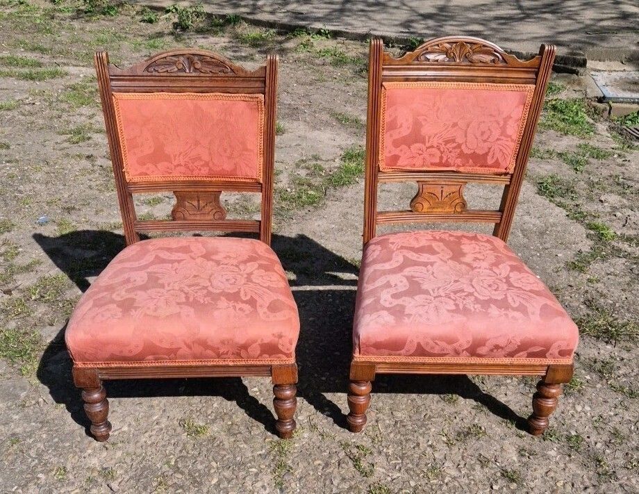 Pair Of Antique Walnut Low Side/Bedroom Chairs