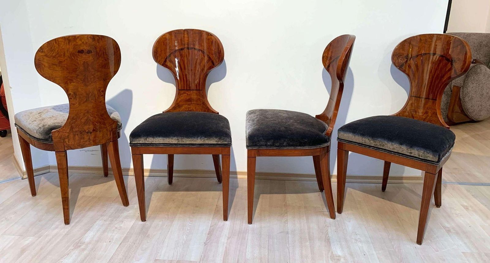 photo for sale Set Of Four Austrian Biedermeier Chairs, Ash Veneer, Grey Velvet, Circa 1890