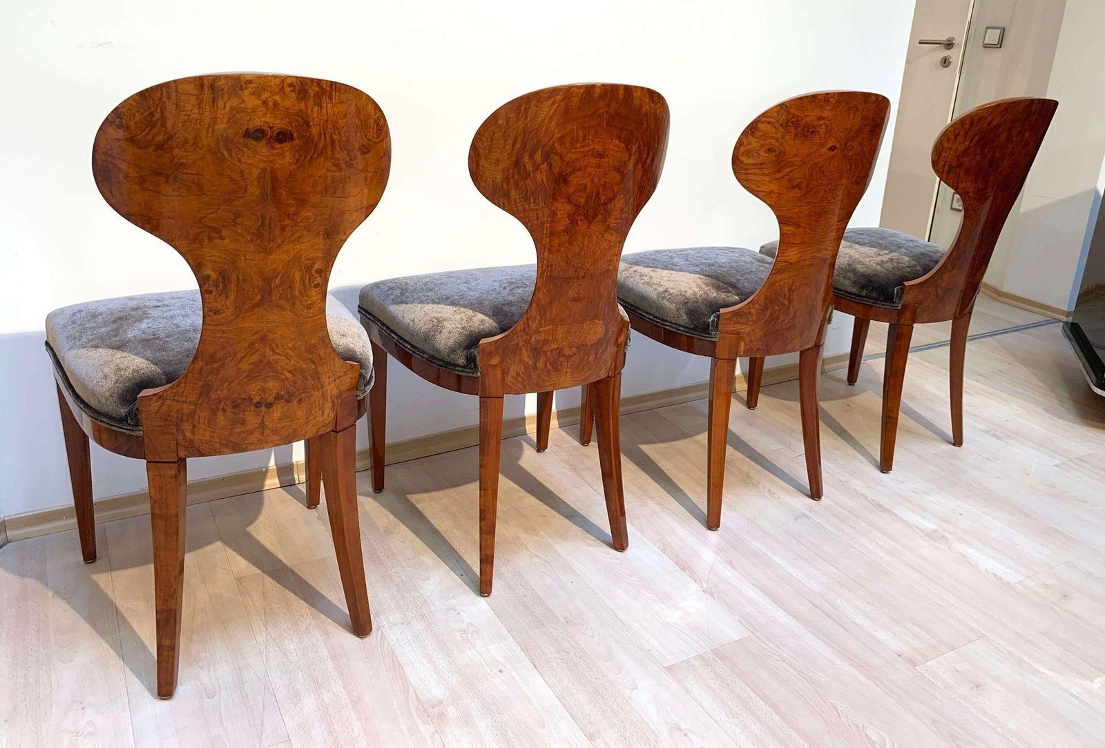 Furniture Set Of Four Austrian Biedermeier Chairs, Ash Veneer, Grey Velvet, Circa 1890 photo