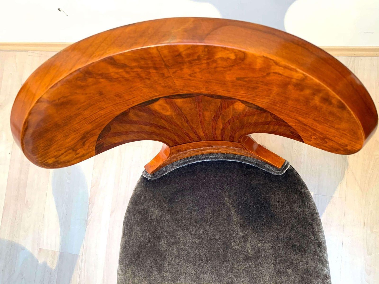 photo buy Set Of Four Austrian Biedermeier Chairs, Ash Veneer, Grey Velvet, Circa 1890