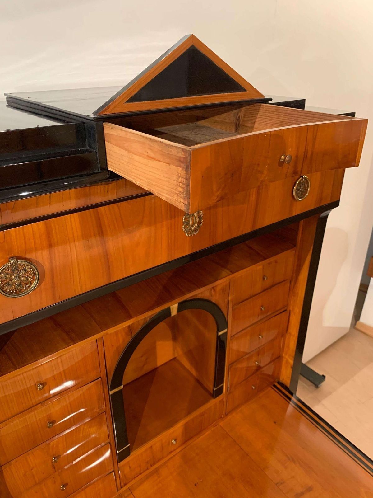 Furniture Biedermeier Secretaire, Cherry Veneer, Ebonized, Brass, South Germany Circa 1820 photo