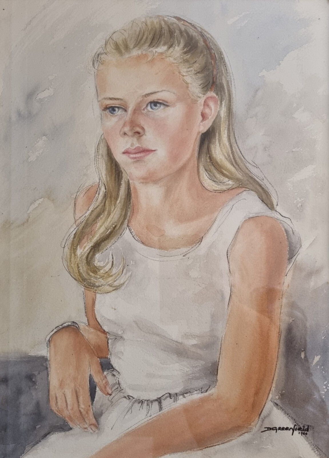 Vintage 1960 Portrait Painting Young Lady Signed Watercolour Ornate Gold Frame photo for sale