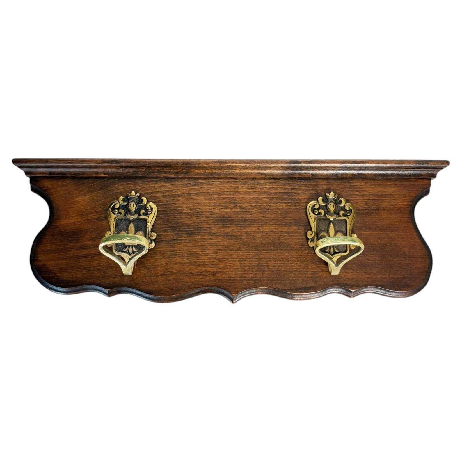 Wooden And Brass Coat Rack, France, 1950