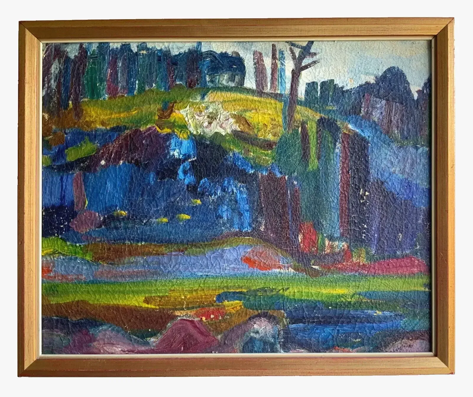 Modernist Vintage Oil Painting Landscape In Blue Signed By Wage Engstrom 1960s photo furniture