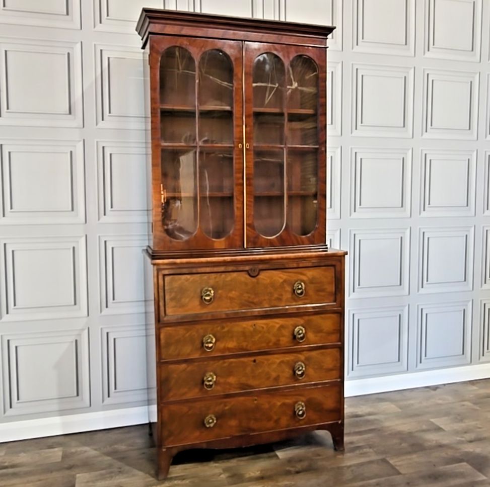 Antique Mahogany Library Bookcase Glazed Cabinet Secretaire Writing Desk Drawers