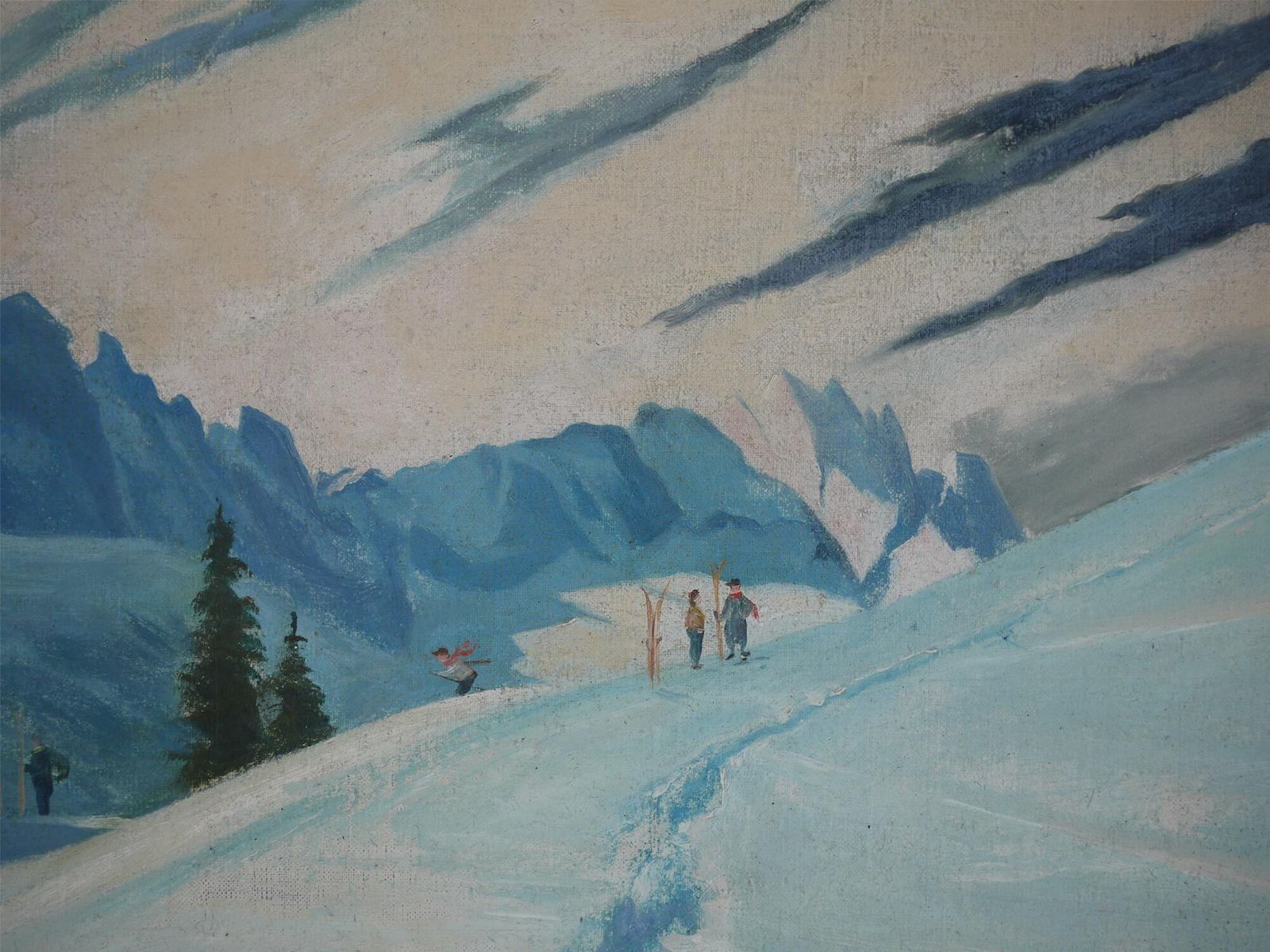 Antique Painting "Skiers In Garmisch, Alpspitze"   Early XX Century photo for sale