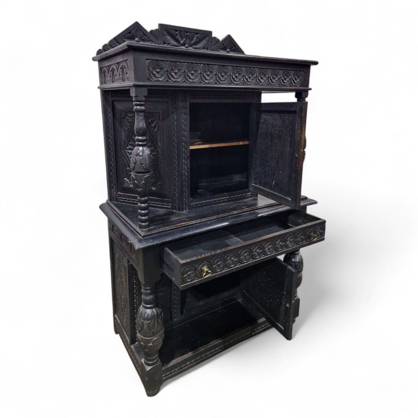 Furniture Antique Oak Court Cupboard   Heavily Carved Double Cupboard / Cabinet Ebonised photo