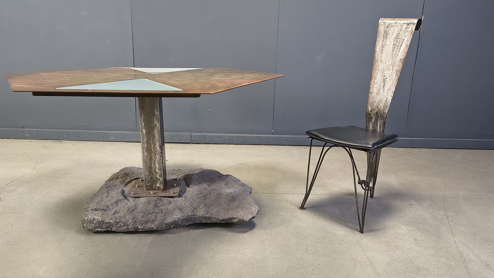 photo for sale Hand Crafted Steel And Stone Dining Set, 1970s   Vintage Dining Set   Hand Crafted Dining Set   Post Modern Dining Table And Chairs
