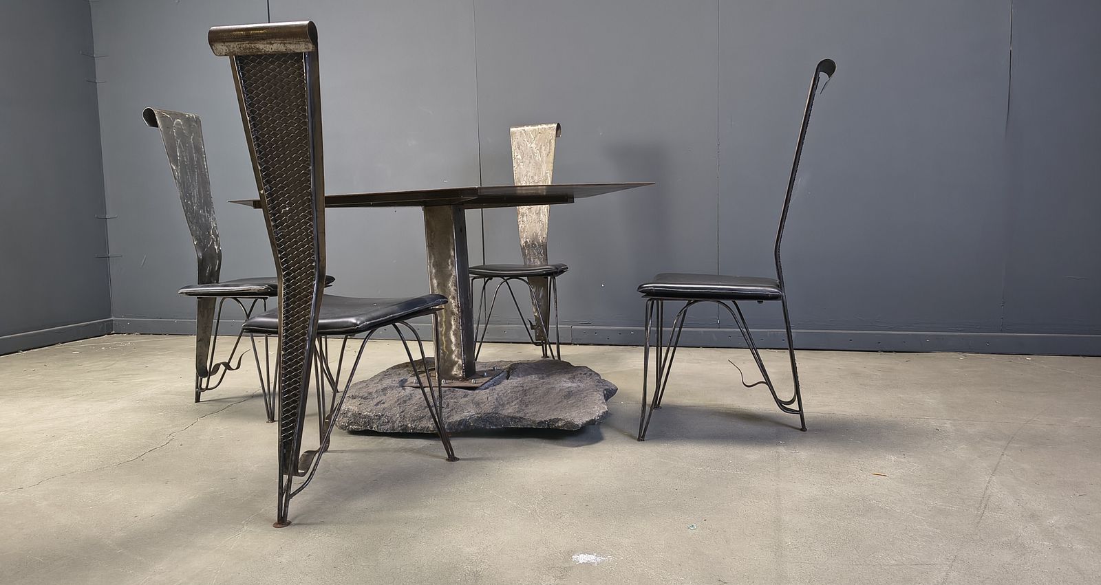 2500.0 Hand Crafted Steel And Stone Dining Set, 1970s   Vintage Dining Set   Hand Crafted Dining Set   Post Modern Dining Table And Chairs photo