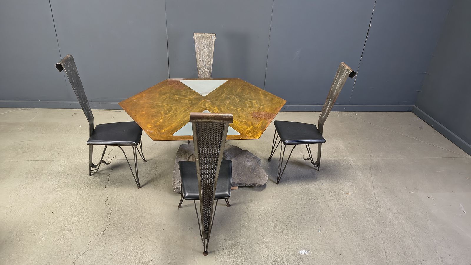 Hand Crafted Steel And Stone Dining Set, 1970s   Vintage Dining Set   Hand Crafted Dining Set   Post Modern Dining Table And Chairs