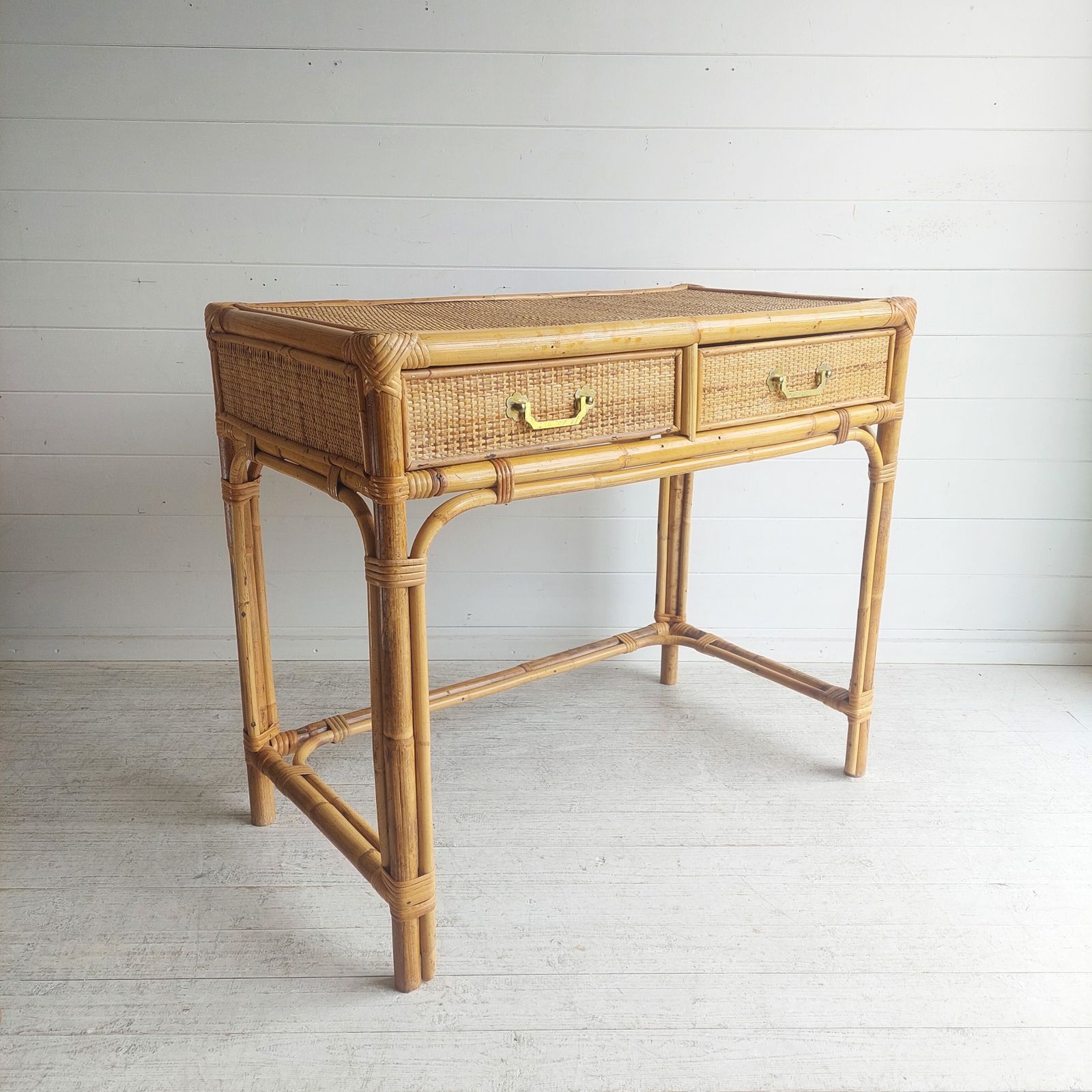 Mid Century Bamboo & Rattan Dressing Table Vintage Angraves Desk Console Table 70s photo vinterior