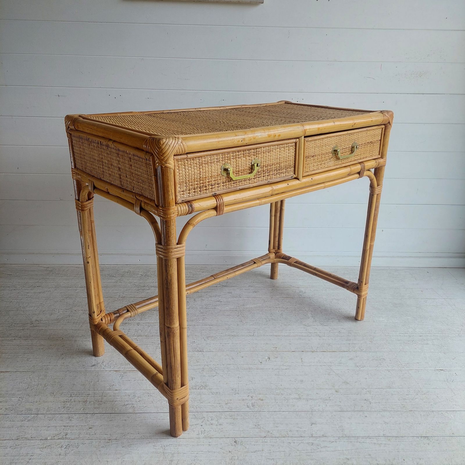 Mid Century Bamboo & Rattan Dressing Table Vintage Angraves Desk Console Table 70s