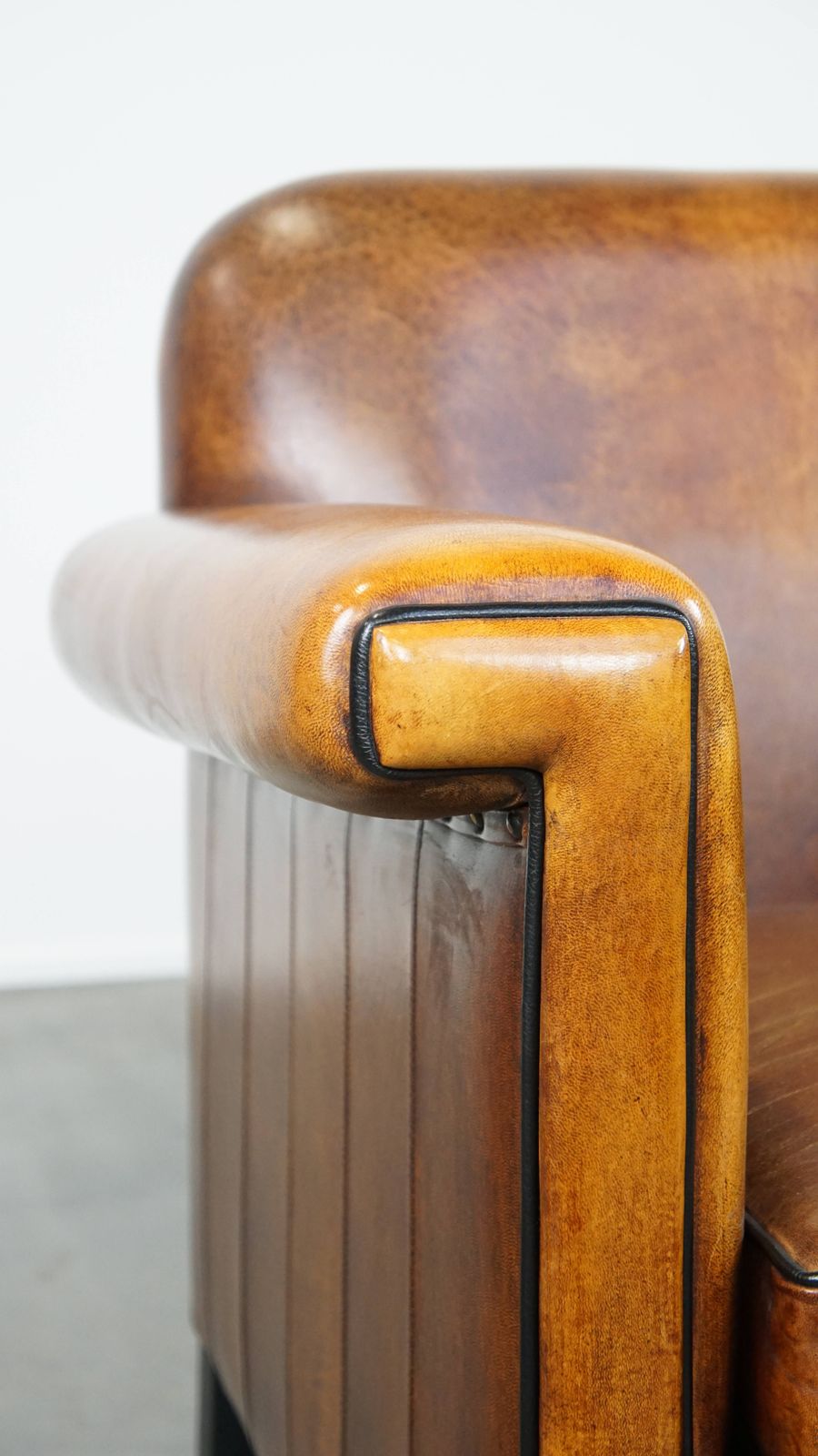 Art Deco Design Armchair In Good Condition With A Sleek Finish And Black Piping. photo buy