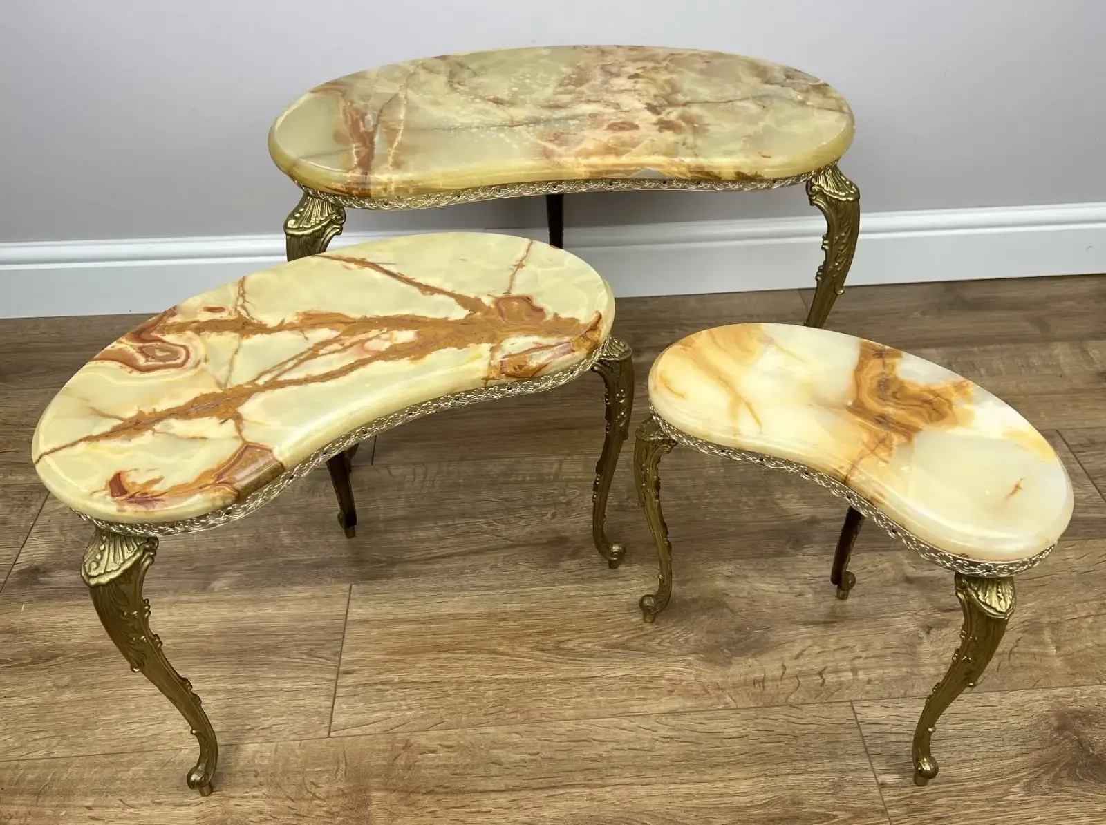 Nested Tables Vintage French Marble Onyx Brass Tables Set.