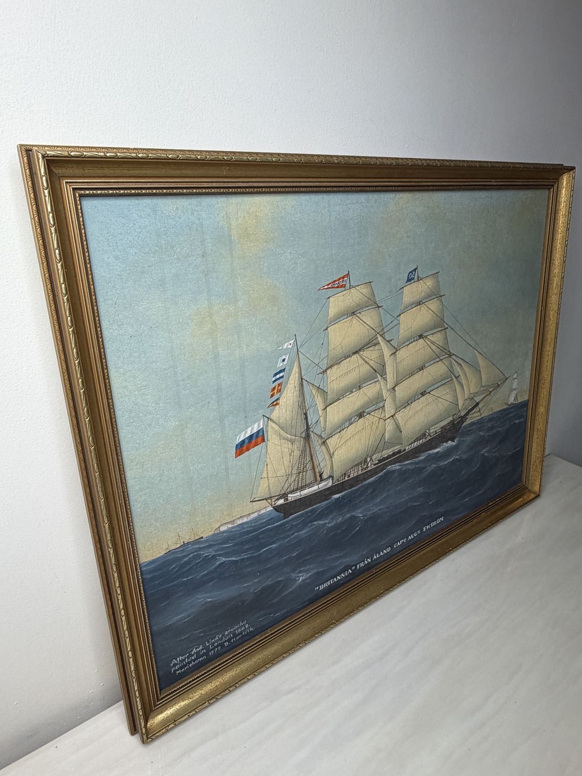 photo vinterior “Britannia Of åland Under Full Sail” — Captain August Ekblom Baltic Trading Barque | After Andreas G. Lind, London 1869 | B. Hartvik, Mariehamn 1979