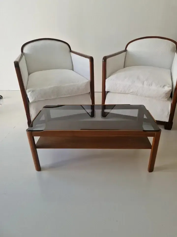 Vintage Mid Century Coffee Table Myer Teak And Smoke Glass photo vintage