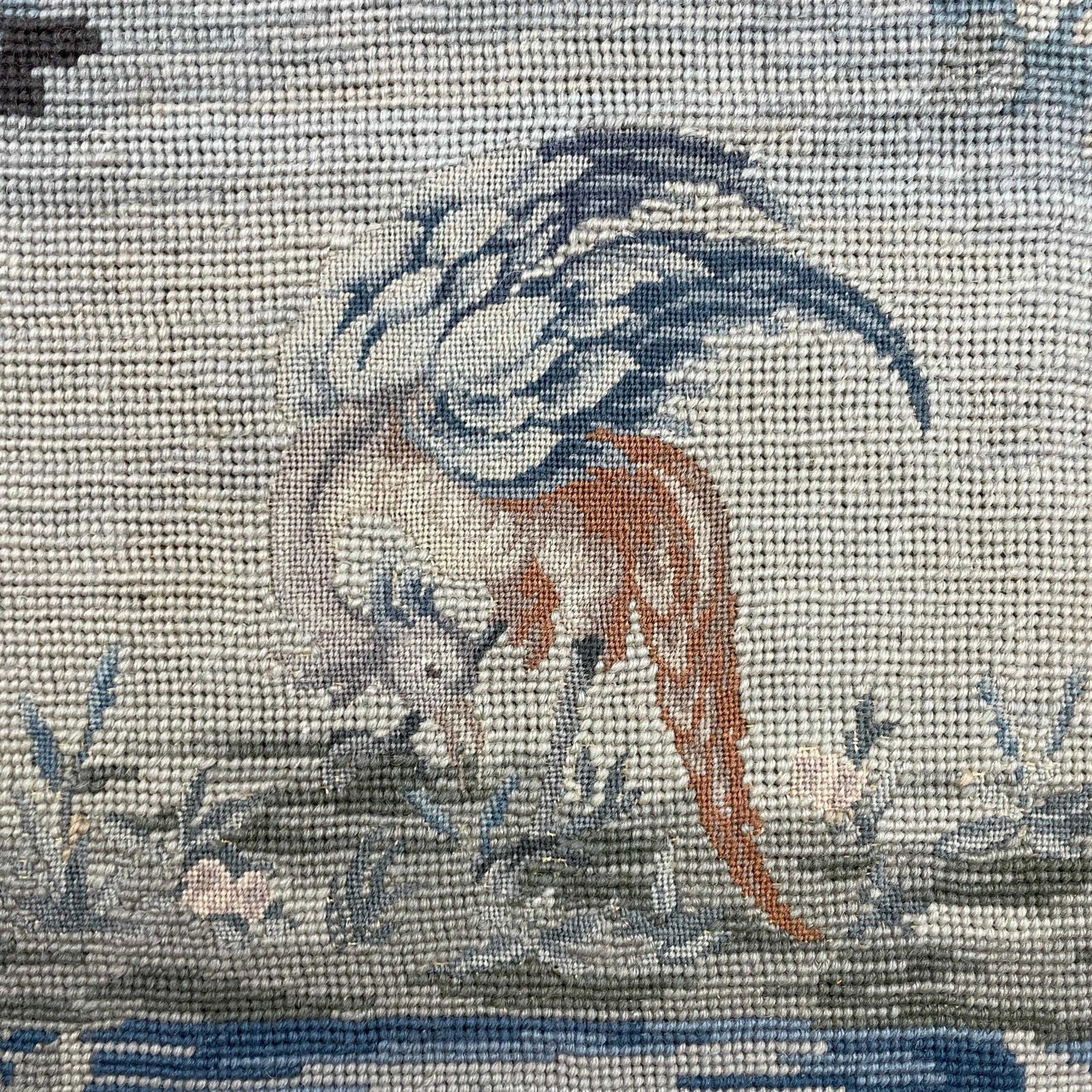 Hand Embroidered Bird Needlepoint Framed Wall Art Vintage Nature Tapestry Blue Tones Textile Wall Hanging Unframed photo for sale