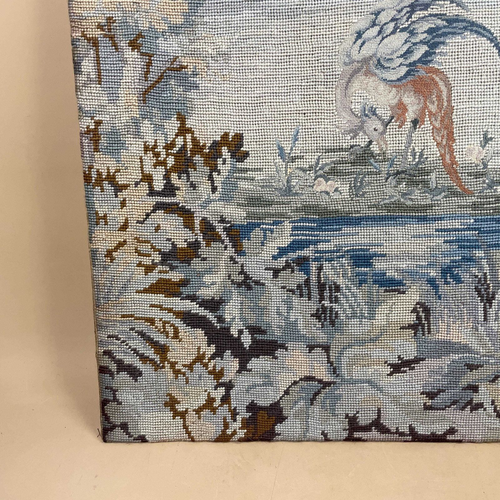 Hand Embroidered Bird Needlepoint Framed Wall Art Vintage Nature Tapestry Blue Tones Textile Wall Hanging Unframed photo Art
