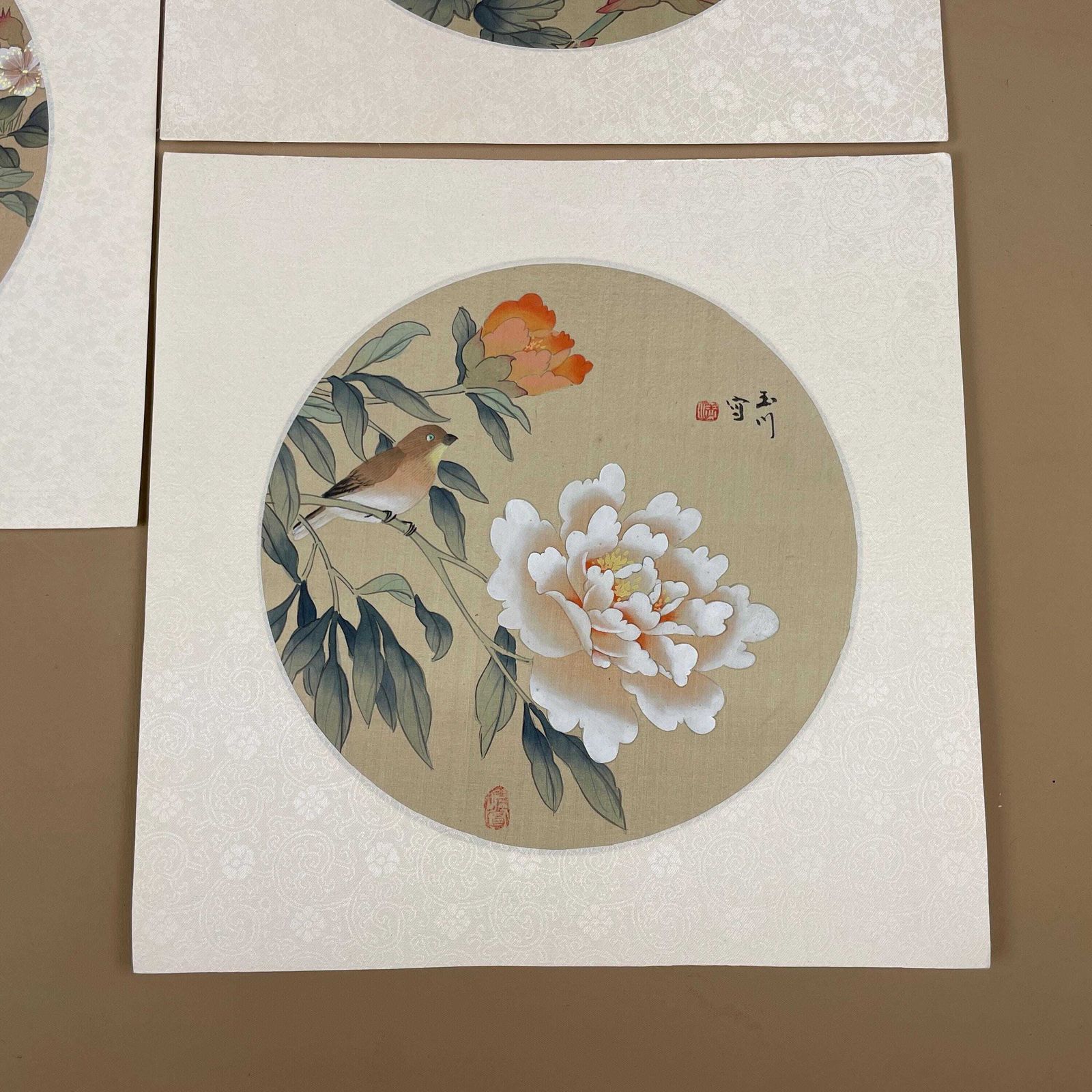 Trio Oriental Pictures Birds Flowers Hand Painted Silk Botanical Floral Unframed Asian Blossom Set Of 3 Paintings Mounted photo for sale