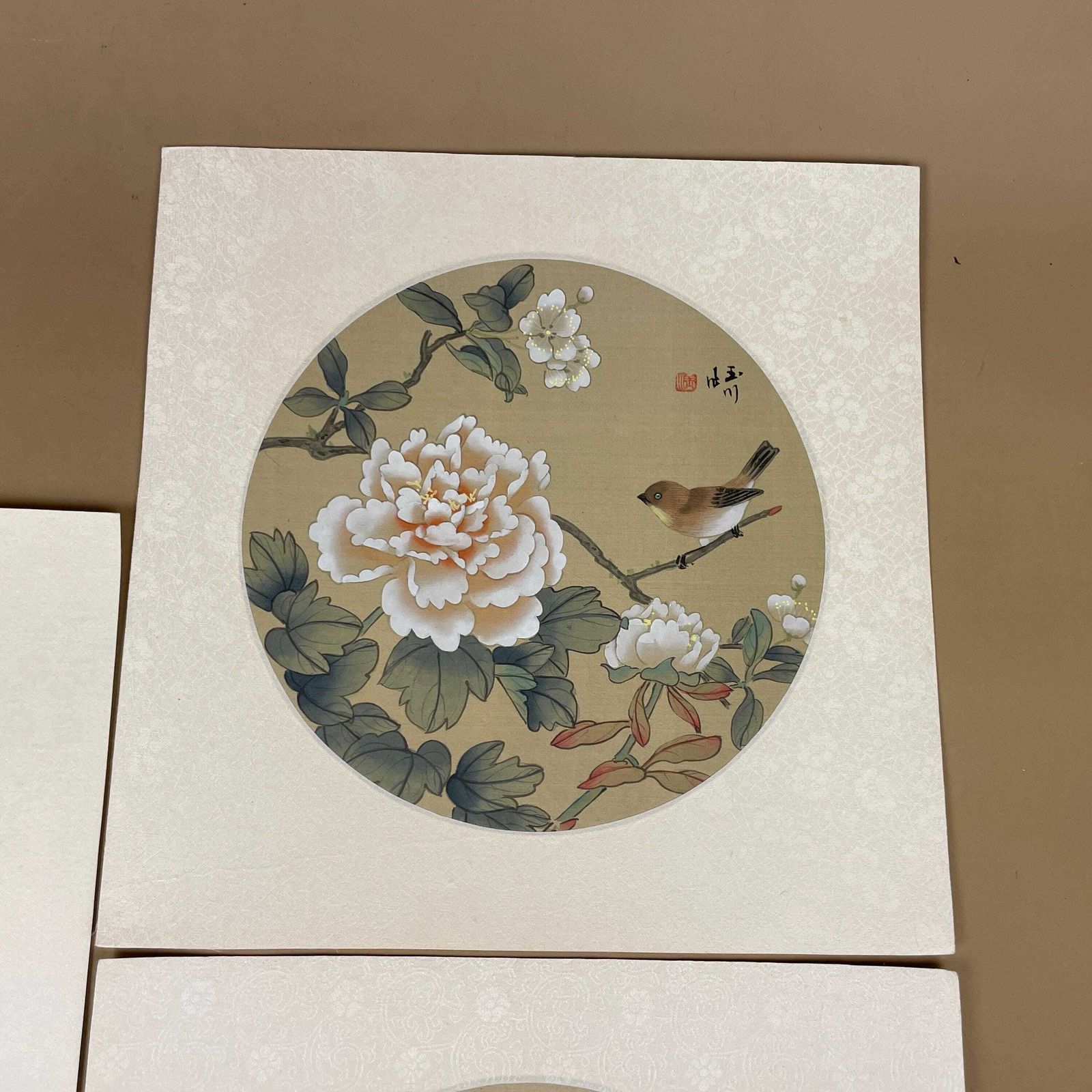 Trio Oriental Pictures Birds Flowers Hand Painted Silk Botanical Floral Unframed Asian Blossom Set Of 3 Paintings Mounted photo 125.0