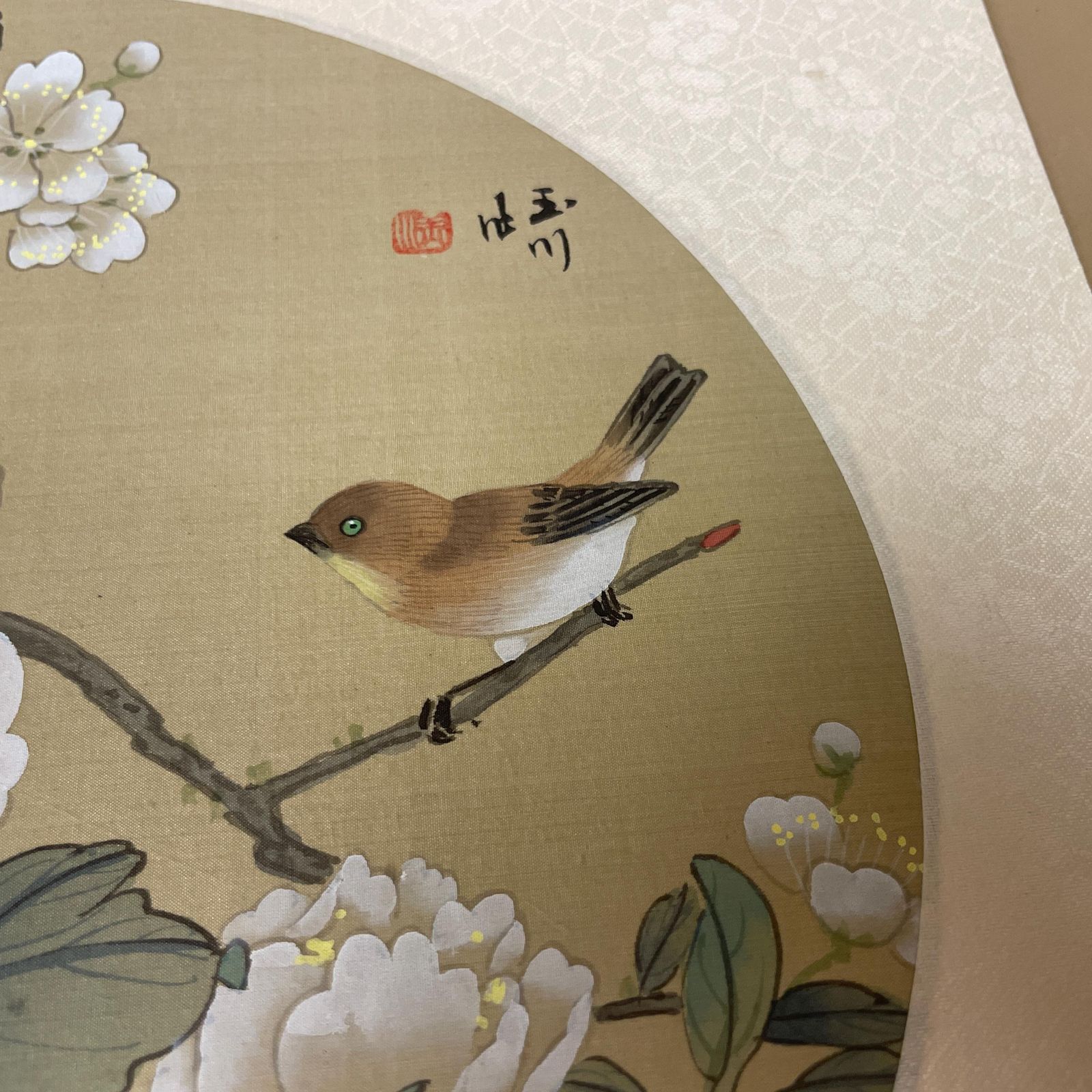 Trio Oriental Pictures Birds Flowers Hand Painted Silk Botanical Floral Unframed Asian Blossom Set Of 3 Paintings Mounted photo buy