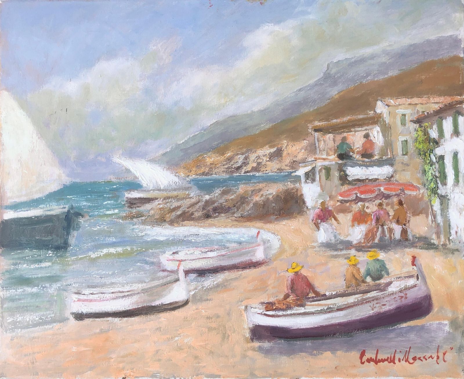 Francisco Carbonell Massabé – Mediterraan Vissersdorp Aan Het Strand, Olieverfchilderij, Spaans Kustleven, Jaren 1990