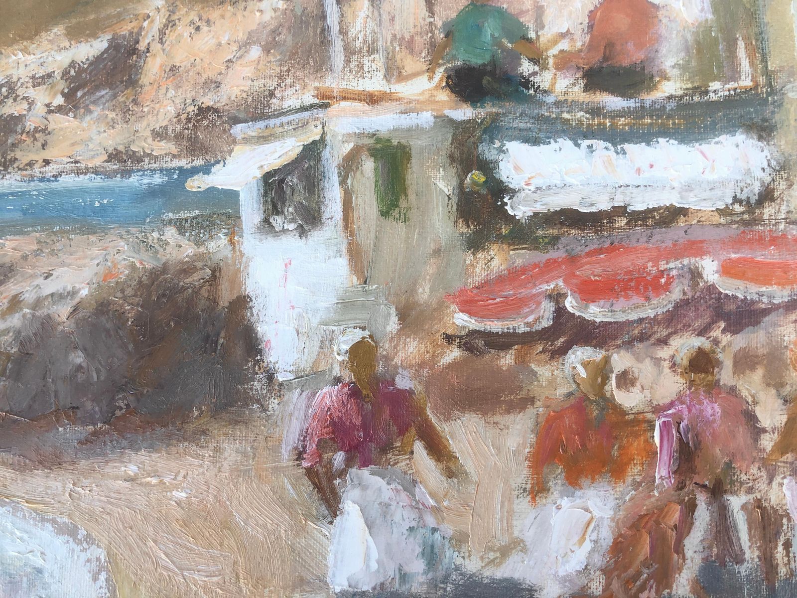 Francisco Carbonell Massabé – Mediterraan Vissersdorp Aan Het Strand, Olieverfchilderij, Spaans Kustleven, Jaren 1990 photo Kunst
