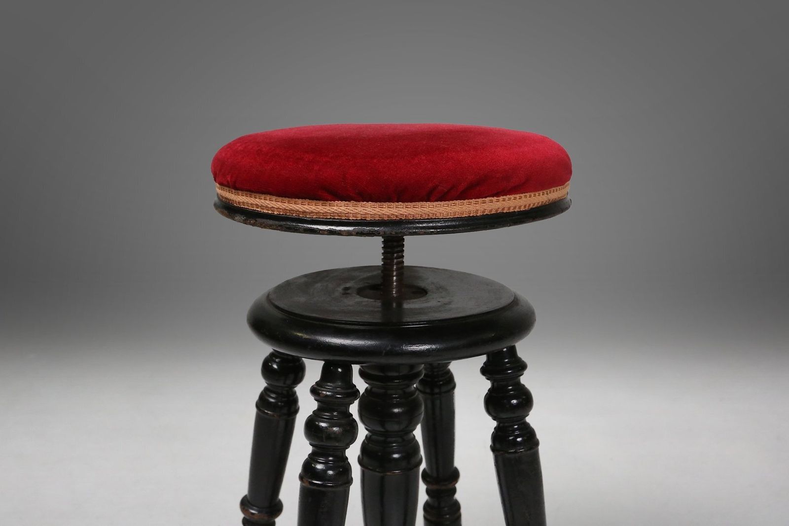 Art Deco Piano Stool In Black Lacquered Wood With Red Velvet, 1920s photo for sale
