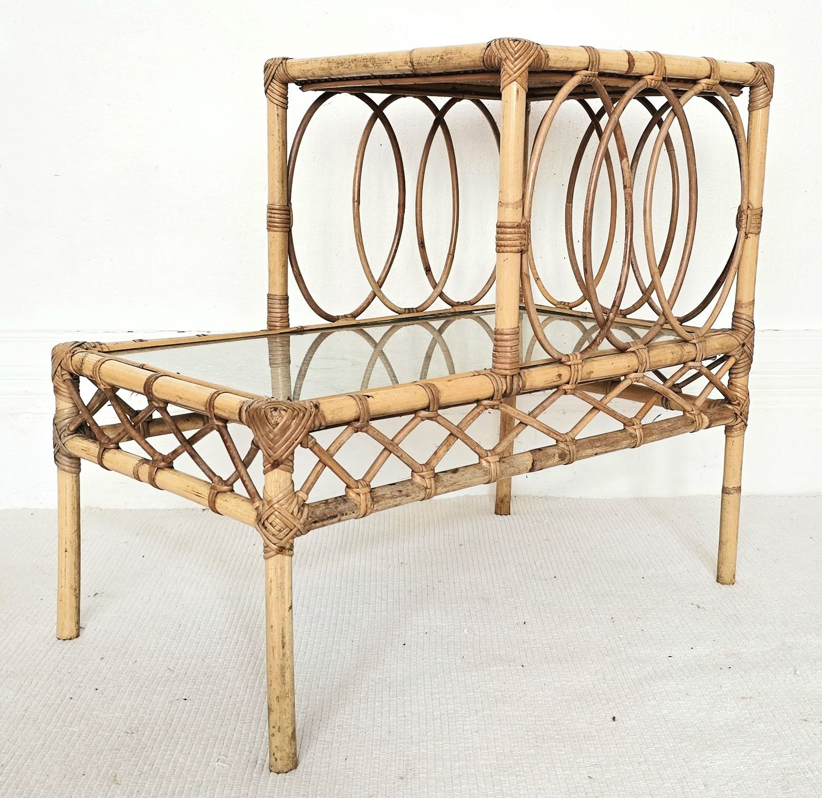 A Pair Of Mid Century French Bamboo & Glass Tiered Bedside Tables. photo 695.0