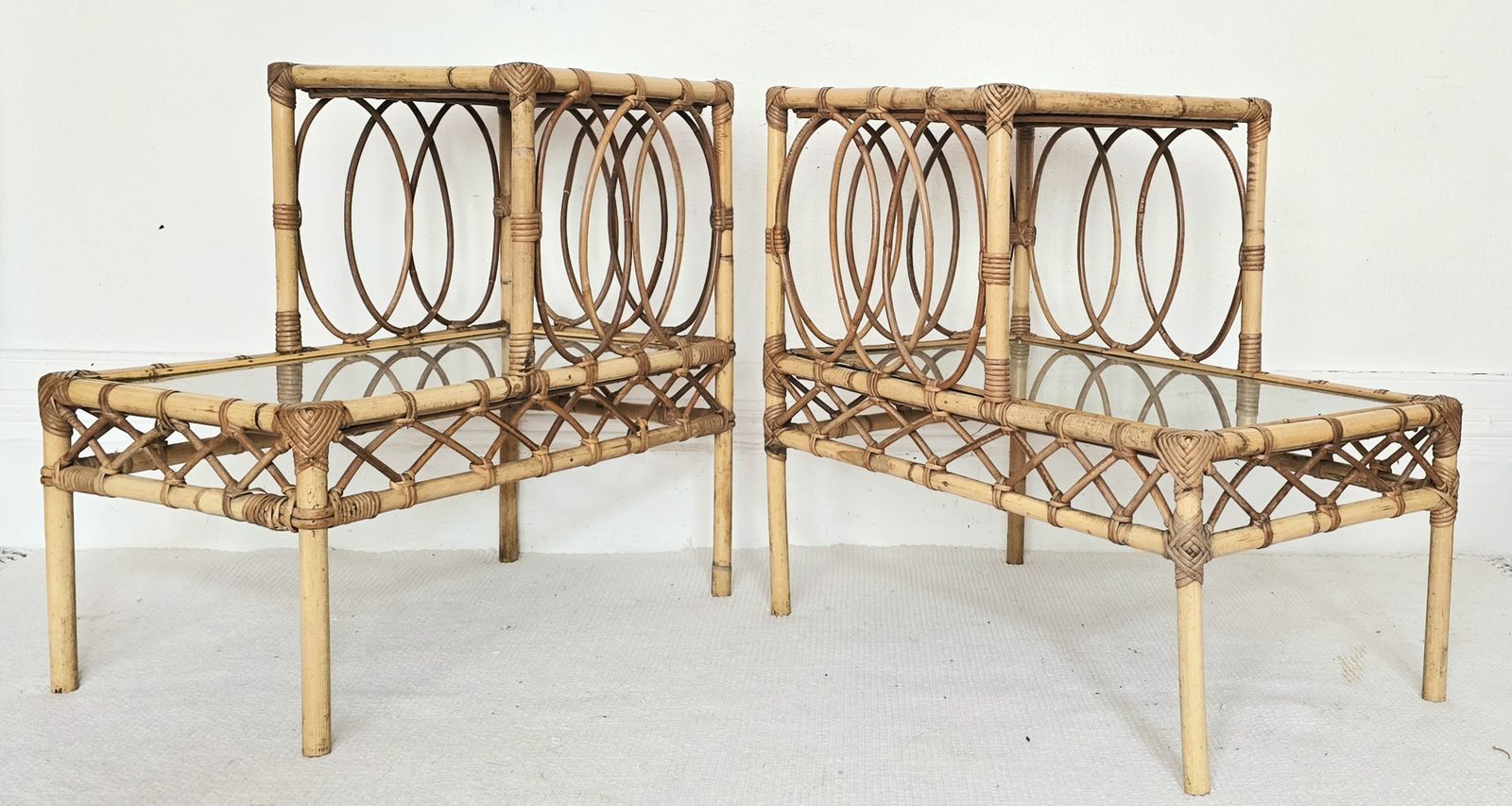 photo for sale A Pair Of Mid Century French Bamboo & Glass Tiered Bedside Tables.