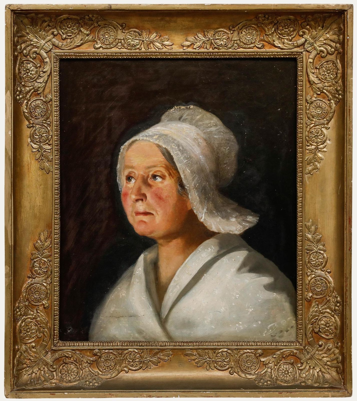 Framed 19th Century Oil   Portrait Of A Lady With A White Lace Bonnet