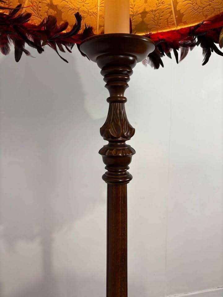 Vintage Carved Standard Lamp With Handmade Feather Shade photo Lighting