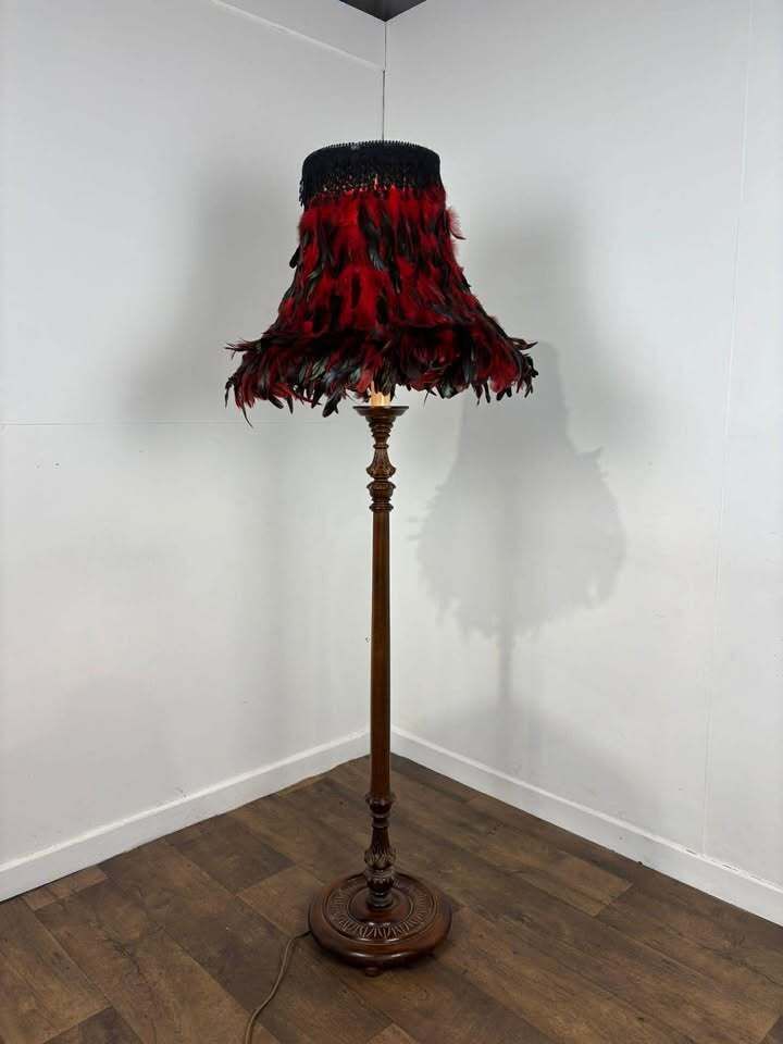 Vintage Carved Standard Lamp With Handmade Feather Shade photo vinterior