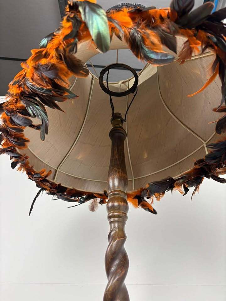 269.0 Vintage Barley Twist Standard Lamp With Handmade Feather Shade photo