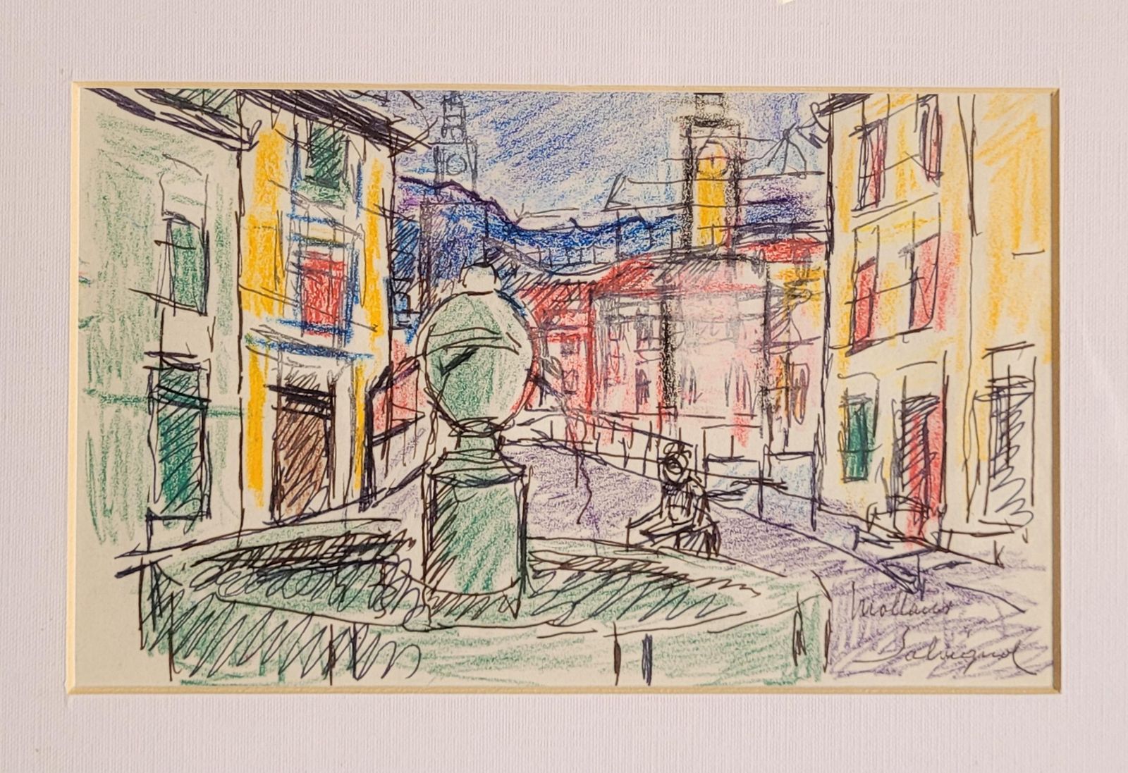 Alfred Salvignol French Village Street View With Fountain. Pastel On Paper. 23cm X 30.5cm.